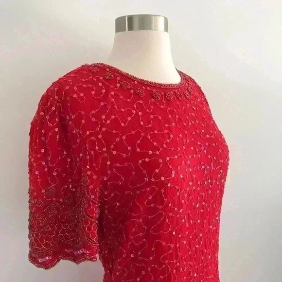Vintage Laurence Kazar Beaded Silk Red Dress Sz M - Picture 4 of 8